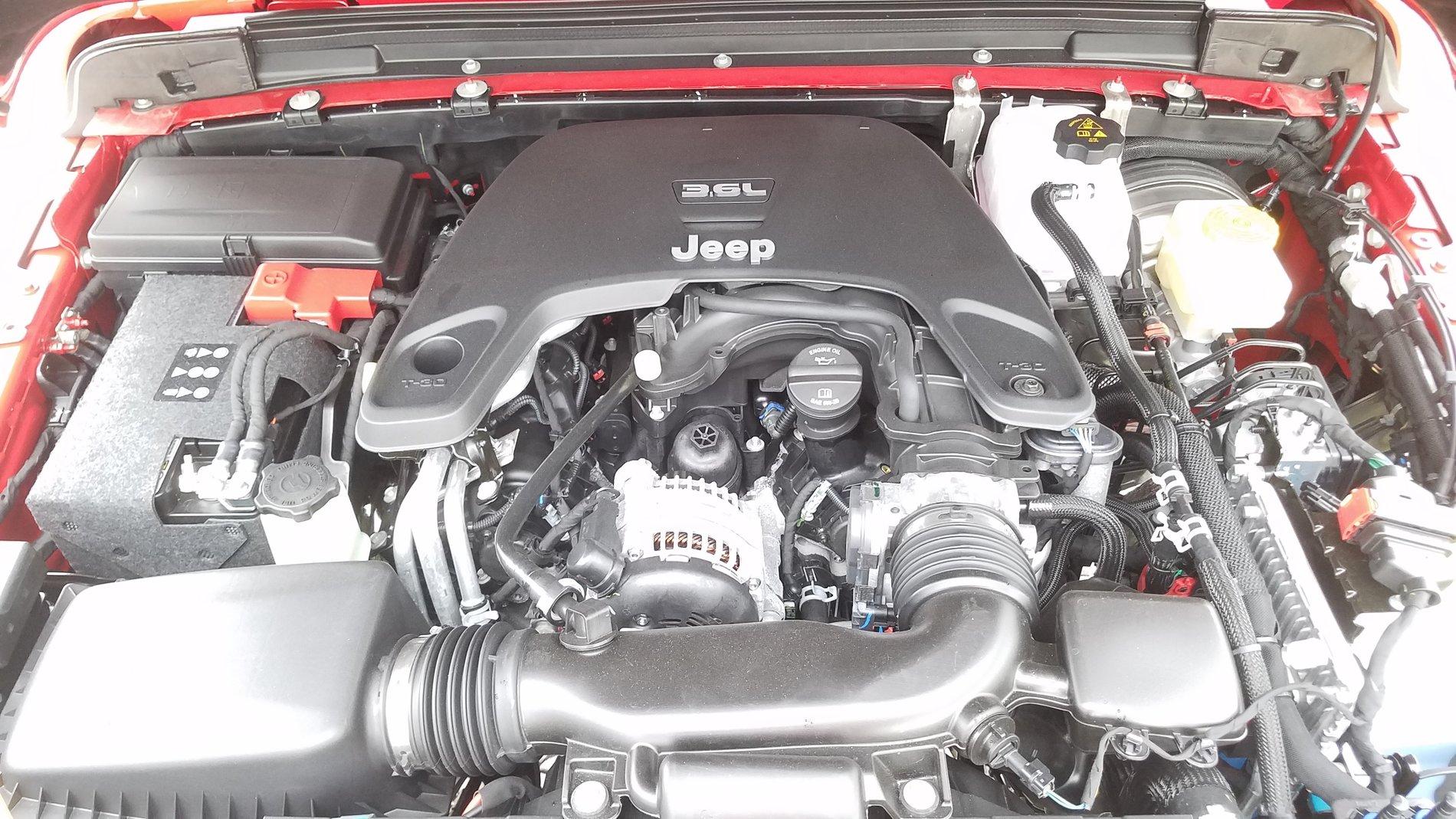 Engine bay of a JL Jeep Wrangler